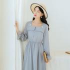 Embroidered Long-sleeve Square-neck Chiffon Dress