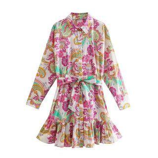 Long-sleeve Print Mini A-line Shirt Dress