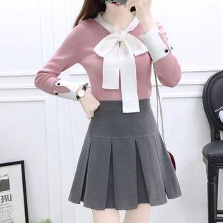 Set: Long-sleeve Bow-accent Knit Sweater + High-waist Plain Pleated Skirt