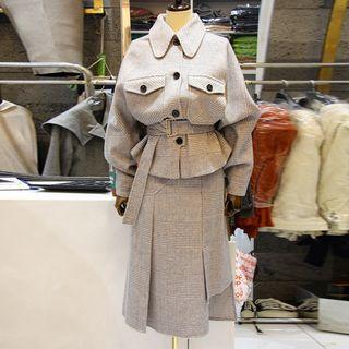 Set: Plaid Button Coat + Irregular Hem A-line Skirt