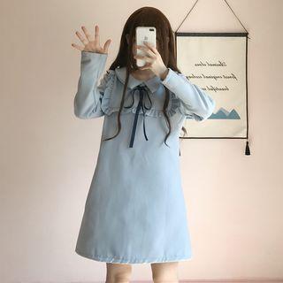 Frill Trim Bow Long-sleeve Dress