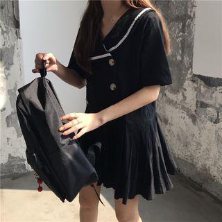 Short-sleeve Contrast Trim Double Breasted Pleated Mini Dress