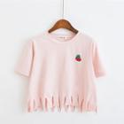 Cherry Embroidered Short-sleeve Fringed T-shirt