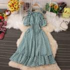 Elbow-sleeve Cold-shoulder Dotted Midi A-line Dress