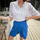 Mandarin-collar Plaid Cotton Shirt