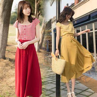 Set: Cap-sleeve Plaid Top + A-line Midi Skirt