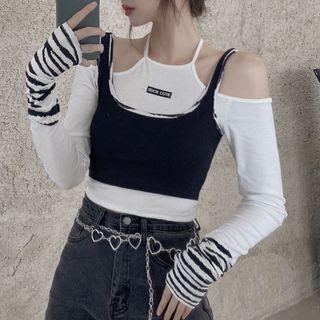 Mock Two-piece Cold-shoulder Cropped T-shirt Black & White - One Size