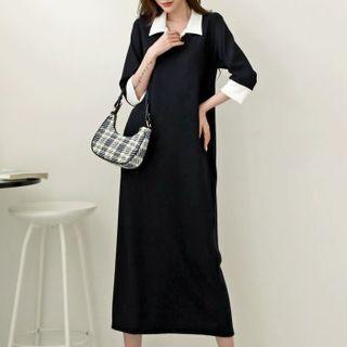3/4-sleeve Contrast-collar Long Dress