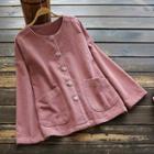 Long-sleeve Corduroy Buttoned Top Watermelon Red - One Size