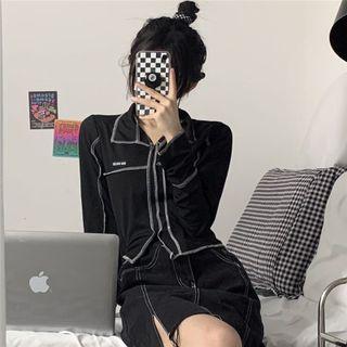 Long-sleeve Contrast Stitch Top Black - One Size