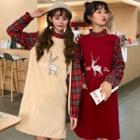 Long-sleeve Deer Embroidered Mock Two-piece Dress