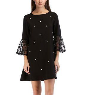 Floral Mesh-cuff Faux Pearl A-line Dress