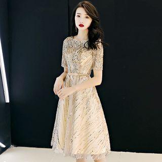 Short-sleeve Sequined A-line Party Dress