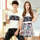 Women Set: Print Short-sleeve T-shirt + A-line Skirt / Men Couple Matching T-shirt