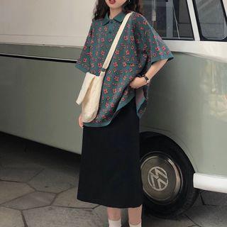 Elbow-sleeve Patterned Polo Shirt / A-line Midi Skirt
