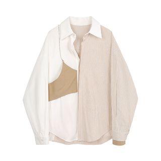 Mock Two Piece Striped Panel Buttoned Blouse