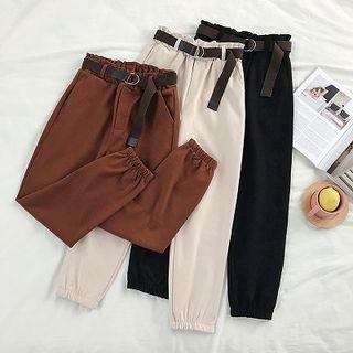 Plain High-waist Acrylic Cropped Harem Pants With Belt