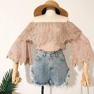 Off-shoulder 3/4-sleeve Lace Top