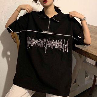 Couple Matching Elbow-sleeve Letter Zip Placket T-shirt