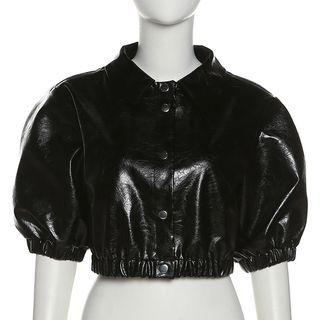 Short-sleeve Faux Leather Button-up Cropped Blouse