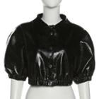 Short-sleeve Faux Leather Button-up Cropped Blouse