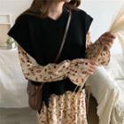 Long-sleeve Floral Midi A-line Dress / Knit Vest