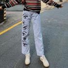 High Waist Eye Pattern Straight Leg Jeans