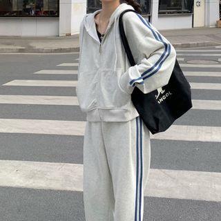 Set Of 2 : Long-sleeve Plain Sweatshirt + Sweatpants