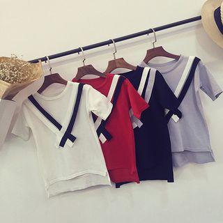 Short-sleeve Color Block Knit Top