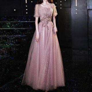 Puff-sleeve Sequined Glitter Mesh A-line Gown