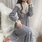 Lace Trim Floral Print Long-sleeve Midi A-line Dress