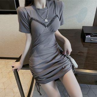 Mock Two-piece Short-sleeve Drawstring Dress