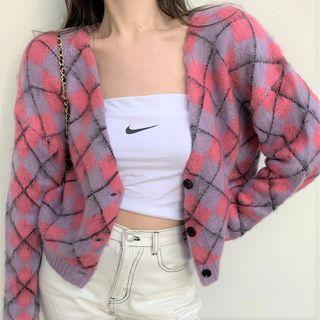 Plaid Cardigan Rose Pink & Purple - One Size