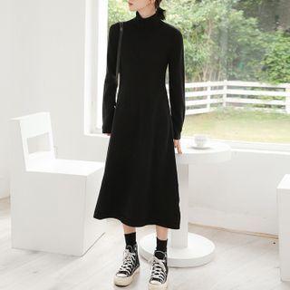 Mock-neck Midi Knit Dress Black - One Size