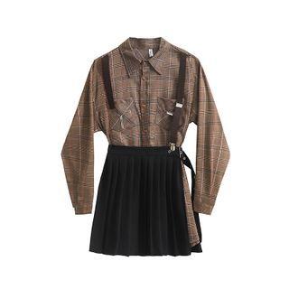 Set: Plaid Shirt + Pleated A-line Skirt