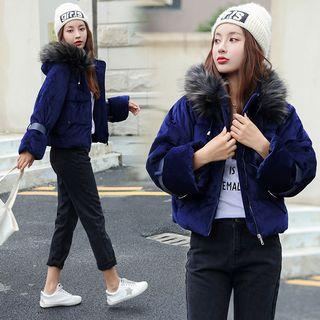 Velvet Furry-trim Hooded Padded Puffer Jacket