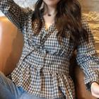 Plaid Long-sleeve Peplum Top Plaid - Black & White - One Size
