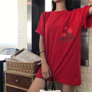Short-sleeve Rose Print T-shirt As Shown In Figure - One Size