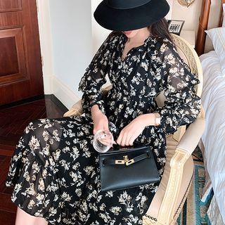 Asymmetric Long-sleeve Floral Print Midi A-line Dress