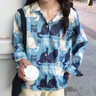 Cat Print Shirt Blue - One Size