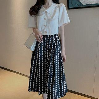 Plain Single-breasted Short-sleeve Blouse / Color-block High-waist Skirt