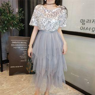 Short-sleeve Sequinned A-line Mesh Dress