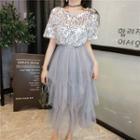Short-sleeve Sequinned A-line Mesh Dress