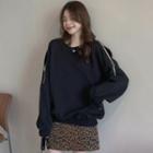 Long-sleeve Round Neck Zip-up Sweatshirt / Leopard Print Mini Skirt