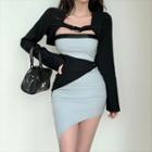 Set: Strapless Two-tone Mini Sheath Dress + Long-sleeve Shrug Set Of 2 - Shrug & Dress - Black & Gray - One Size