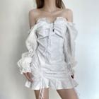 Drawstring Ruffle-trim Long-sleeve Mini Bodycon Dress