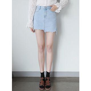 Asymmetric Fray-hem Washed Denim Mini Skirt
