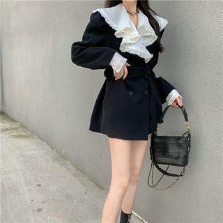 Ruffle Trim Contrast Collar Mini Blazer Dress With Belt