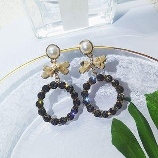 Faux Pearl Bow Rhinestone Hoop Drop Earring 1 Pair - Dark Gray - One Size