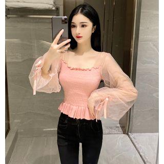 Square-neck Ruffle Hem Long-sleeve Top